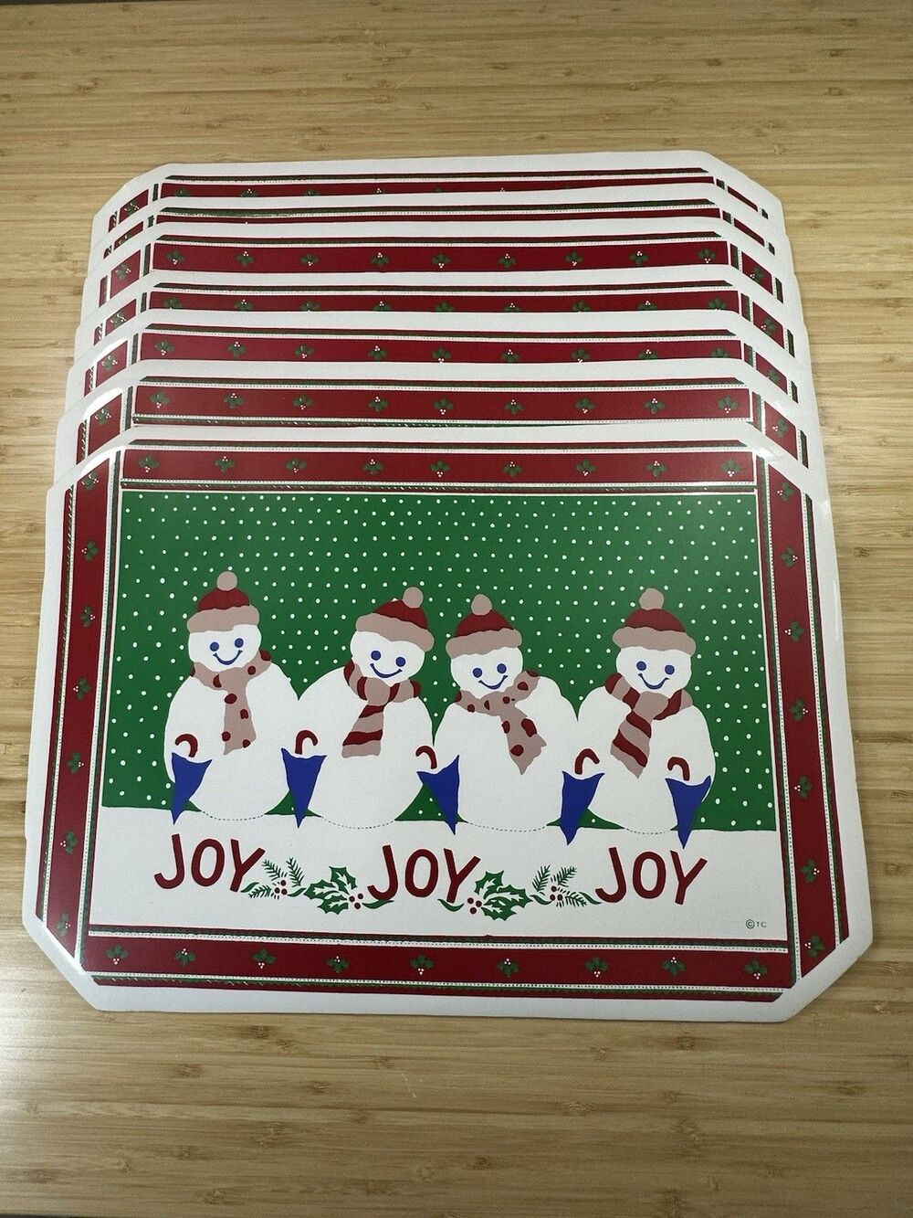 Town & Country Linen Set 7 Snowmen Joy Vinyl Placemats Vintage Holidays Dinner